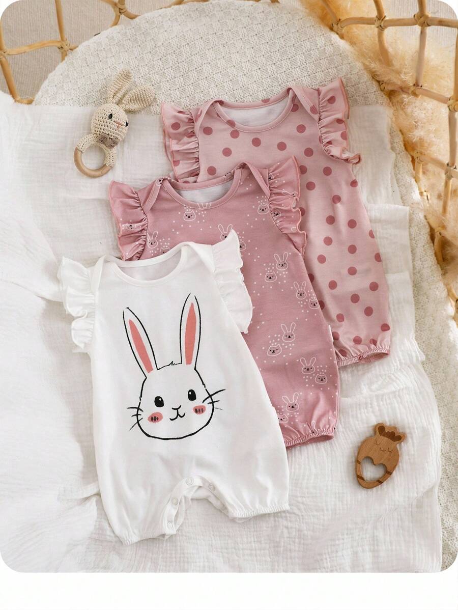 Newborn Soft Knit Summer Romper Set - 3pcs Cute Cartoon Graphic Outfits
