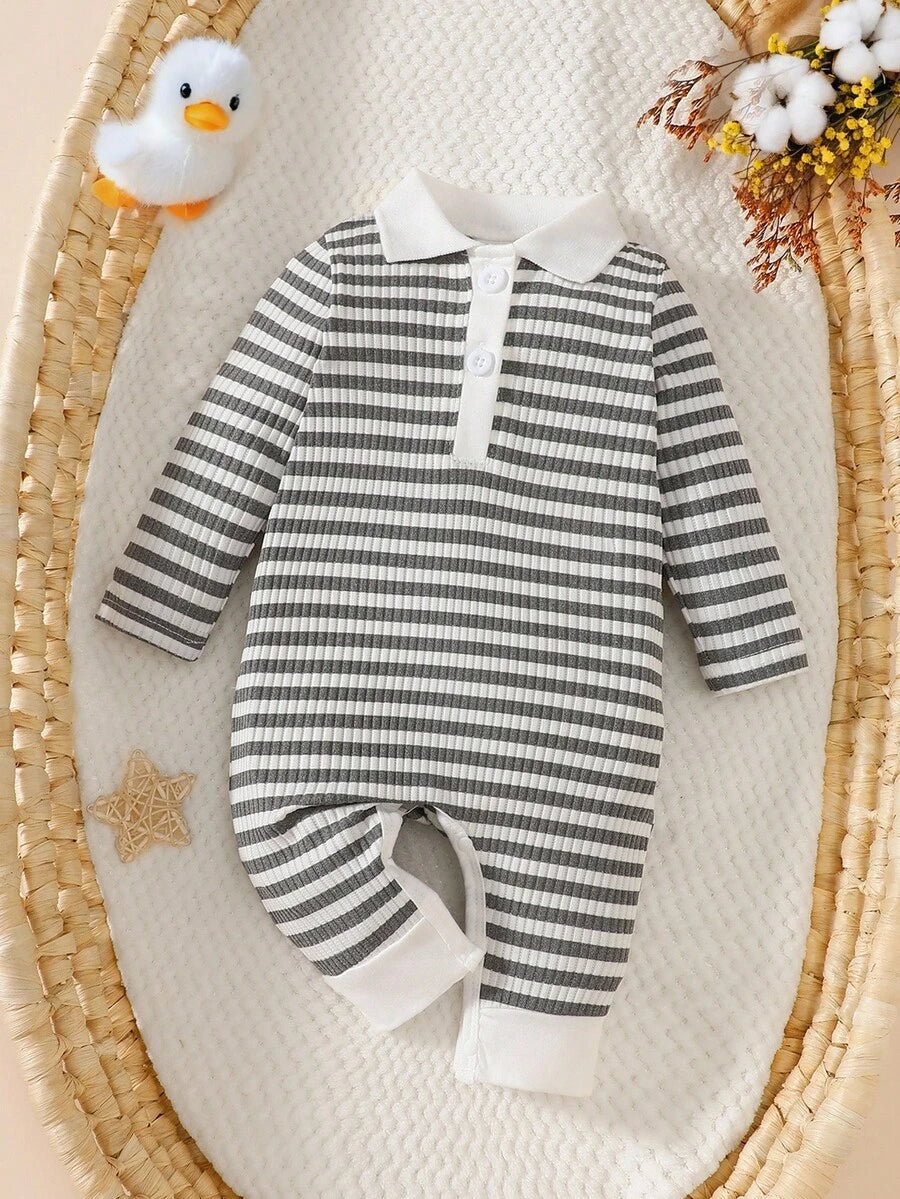 Baby Striped Collar Long Sleeve Jumpsuit for Cozy Daily Wear in Fall and Winter