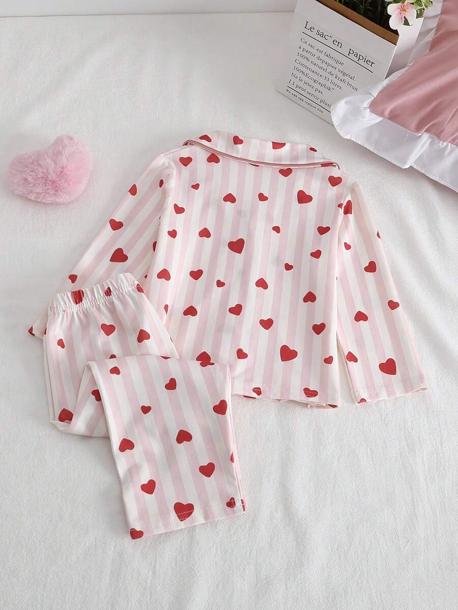 Baby Girl Heart and Stripe Print Long Sleeve Top and Pants Pajama Set - Fall Winter Outfits for Toddlers