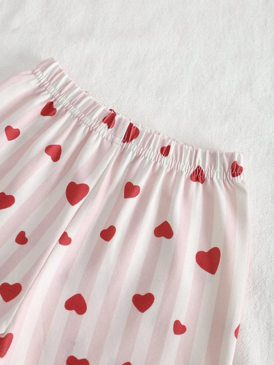 Baby Girl Heart and Stripe Print Long Sleeve Top and Pants Pajama Set - Fall Winter Outfits for Toddlers