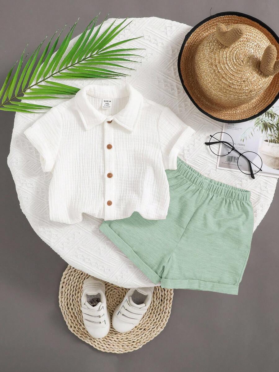 Baby Boy 2pcs Knit Jacquard Summer Set - Short Sleeve Shirt & Elastic Shorts