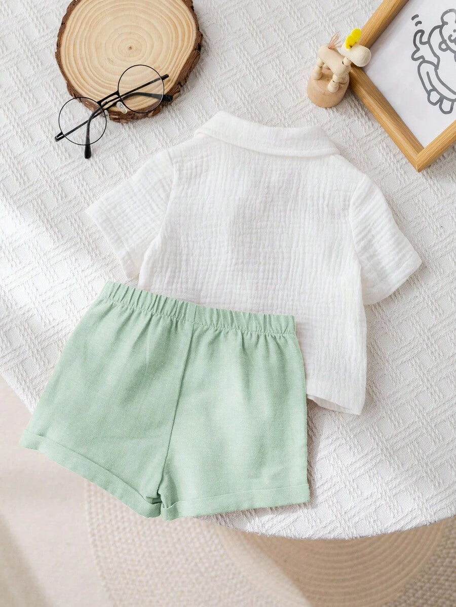 Baby Boy 2pcs Knit Jacquard Summer Set - Short Sleeve Shirt & Elastic Shorts