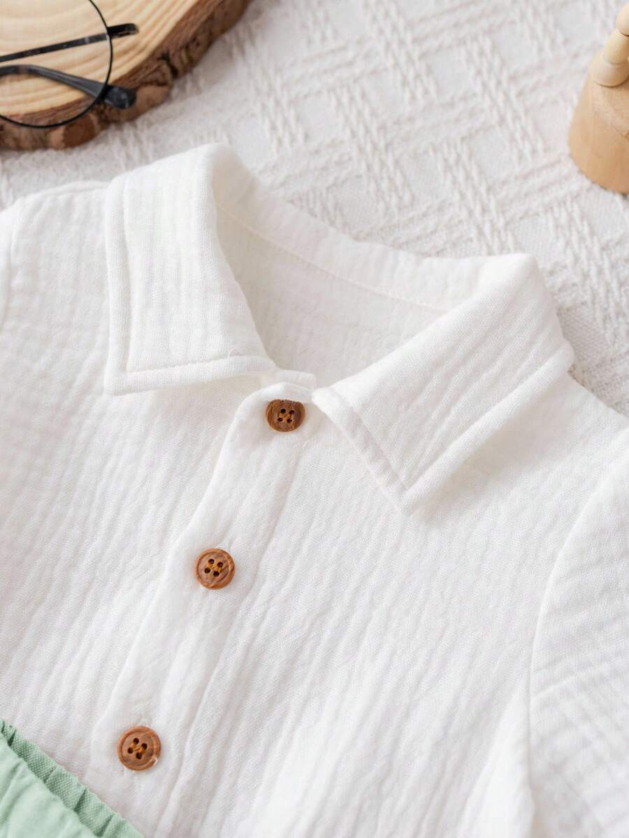 Baby Boy 2pcs Knit Jacquard Summer Set - Short Sleeve Shirt & Elastic Shorts
