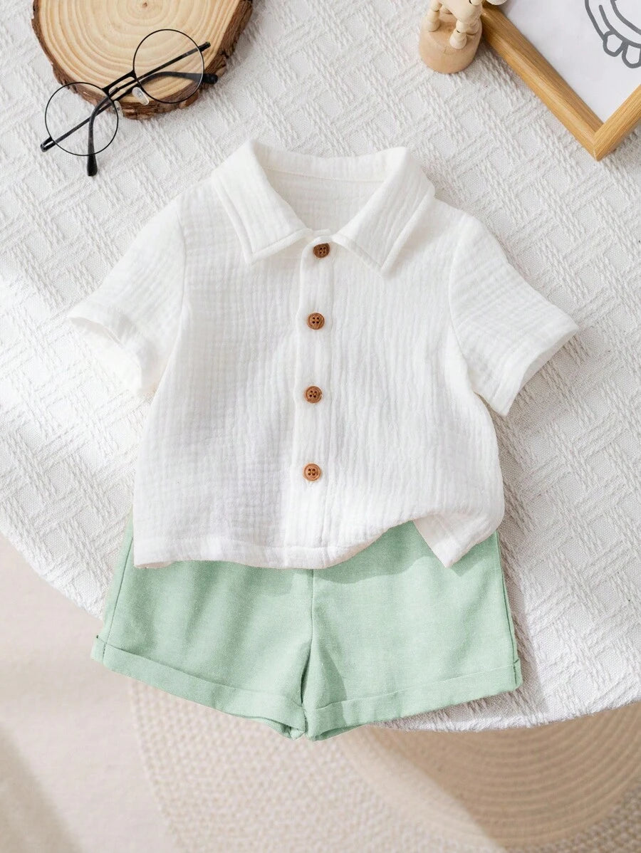 Baby Boy 2pcs Knit Jacquard Summer Set - Short Sleeve Shirt & Elastic Shorts