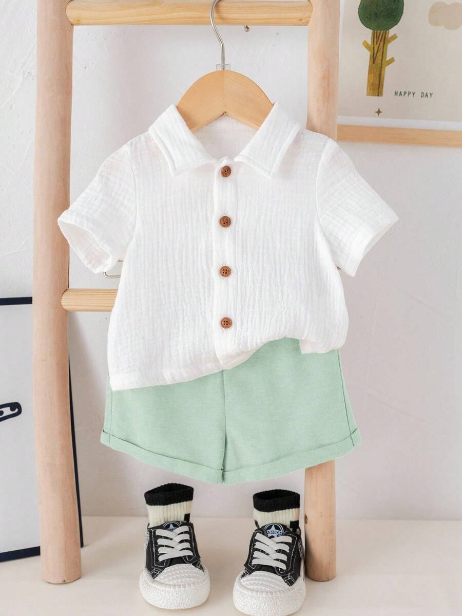 Baby Boy 2pcs Knit Jacquard Summer Set - Short Sleeve Shirt & Elastic Shorts