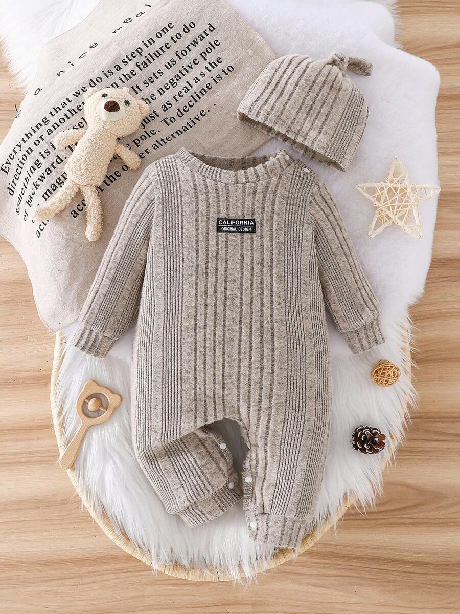 Baby Ribbed Knit Long Sleeve Jumpsuit Set with Matching Hat for Daily Wear