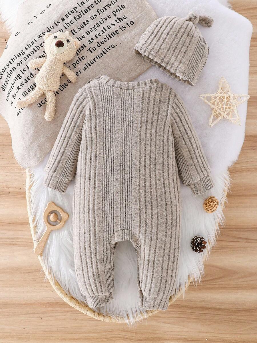 Baby Ribbed Knit Long Sleeve Jumpsuit Set with Matching Hat for Daily Wear