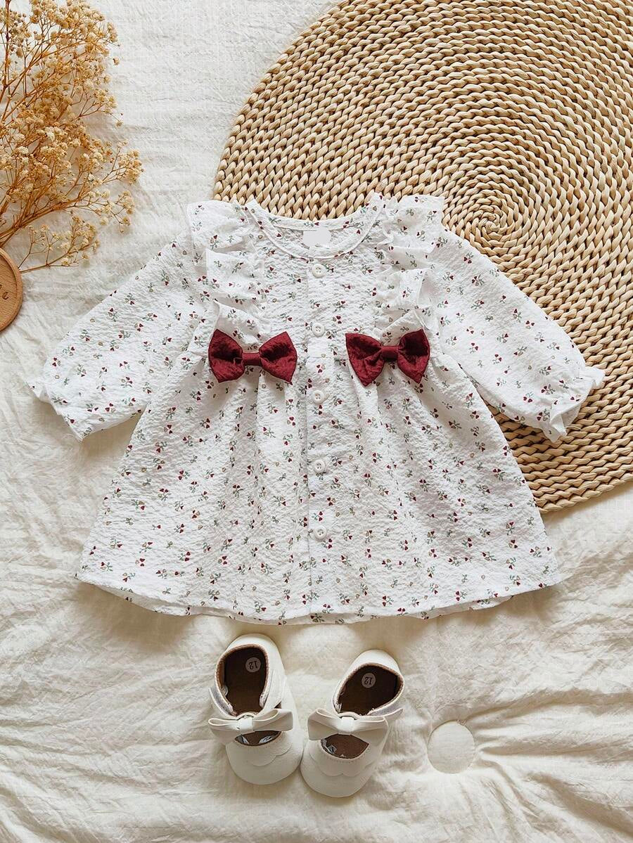 Baby Cherry Print Bow Dress for Elegant Cute All Season Wear