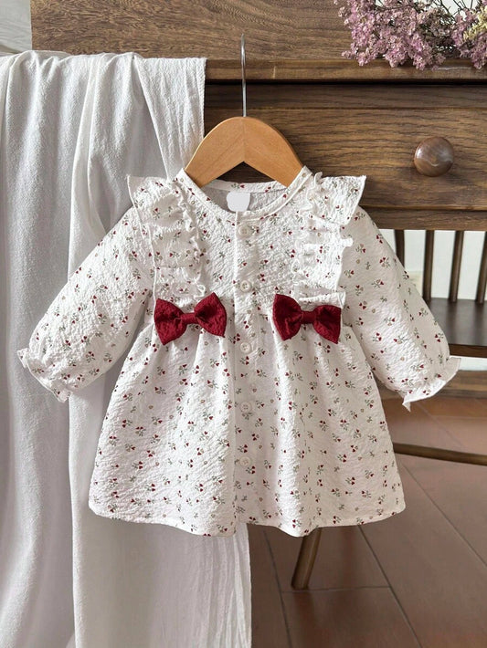 Baby Cherry Print Bow Dress for Elegant Cute All Season Wear