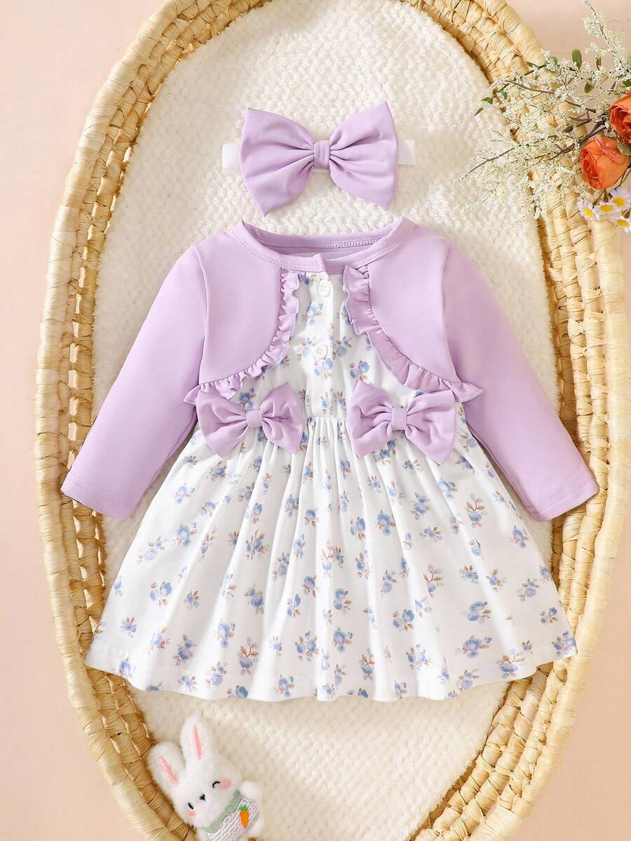 Baby Floral Bow Dress and Headband Set for Sweet Autumn and Winter Daily Wear