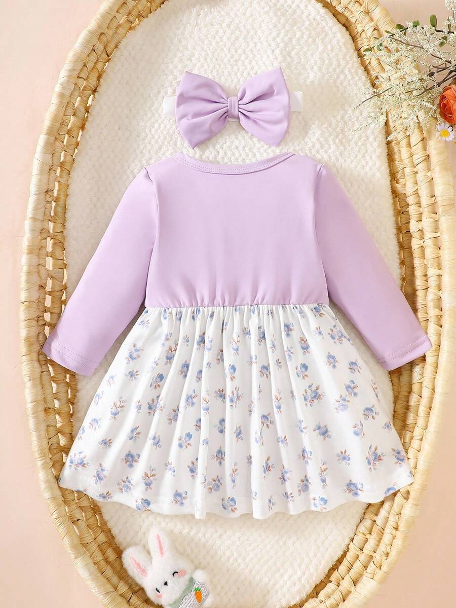 Baby Girl Floral Patchwork Dress & Headband Set - Sweet Pink Autumn Outfit