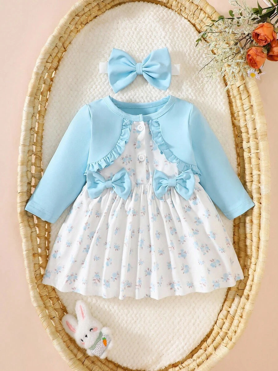 Baby Girl Floral Patchwork Dress & Headband Set - Sweet Pink Autumn Outfit