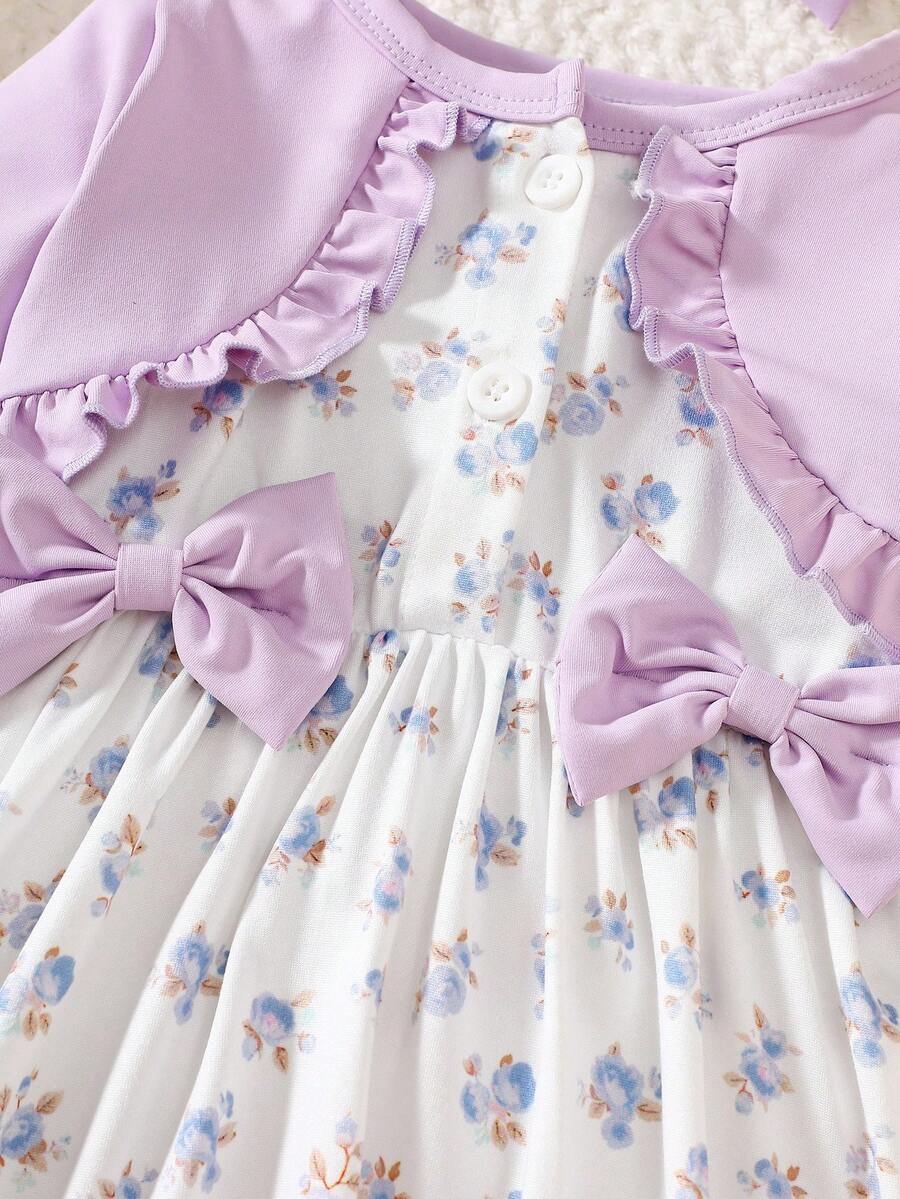 Baby Girl Floral Patchwork Dress & Headband Set - Sweet Pink Autumn Outfit
