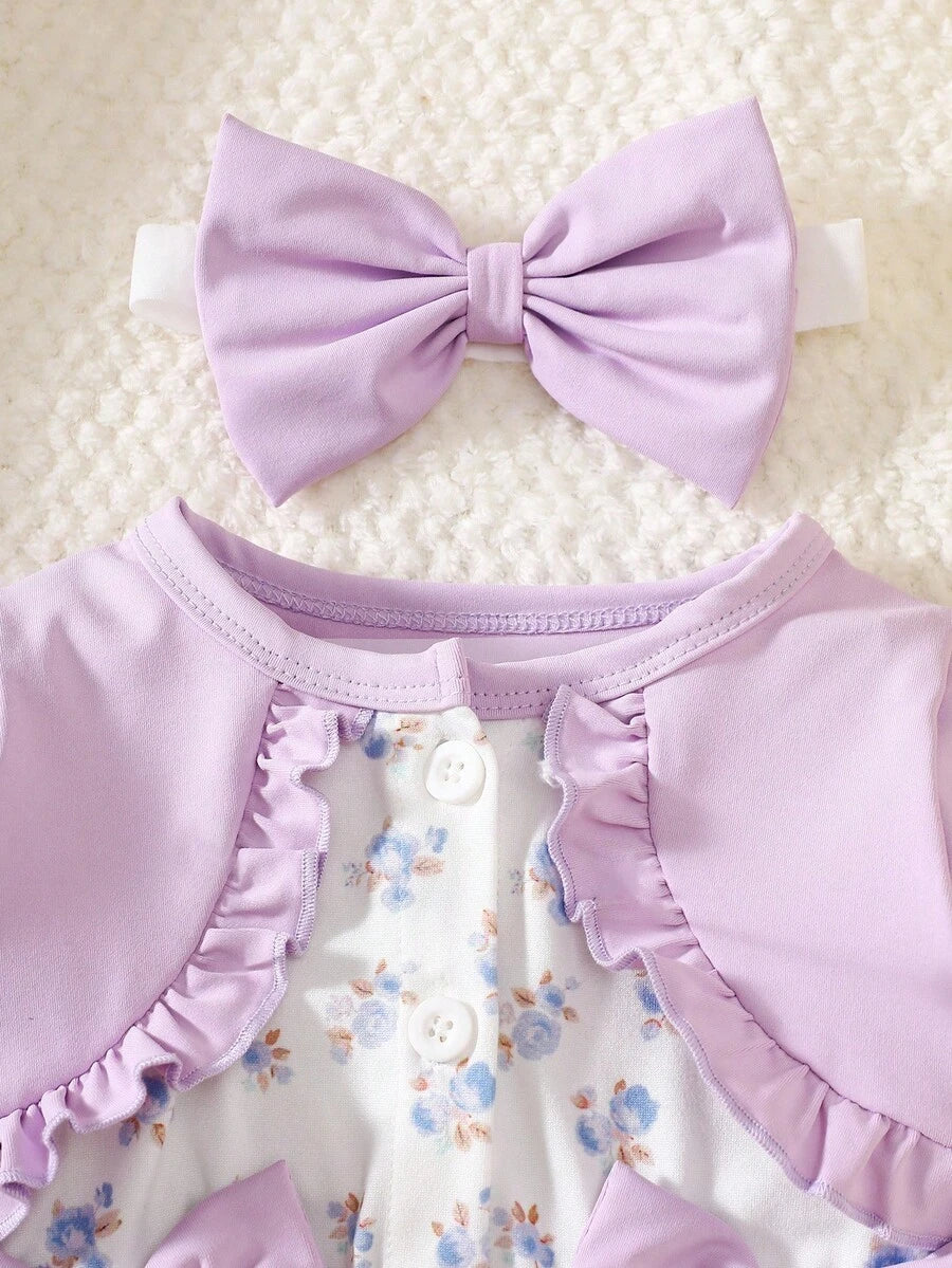 Baby Floral Bow Dress and Headband Set for Sweet Autumn and Winter Daily Wear