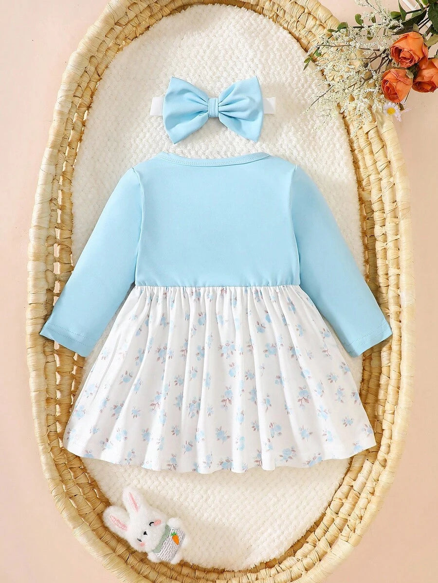Baby Floral Bow Dress and Headband Set for Sweet Autumn and Winter Daily Wear