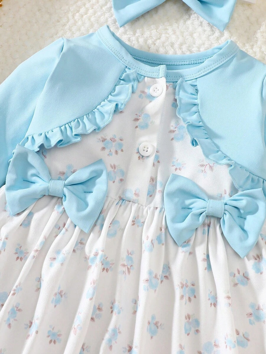 Baby Girl Floral Patchwork Dress & Headband Set - Sweet Pink Autumn Outfit