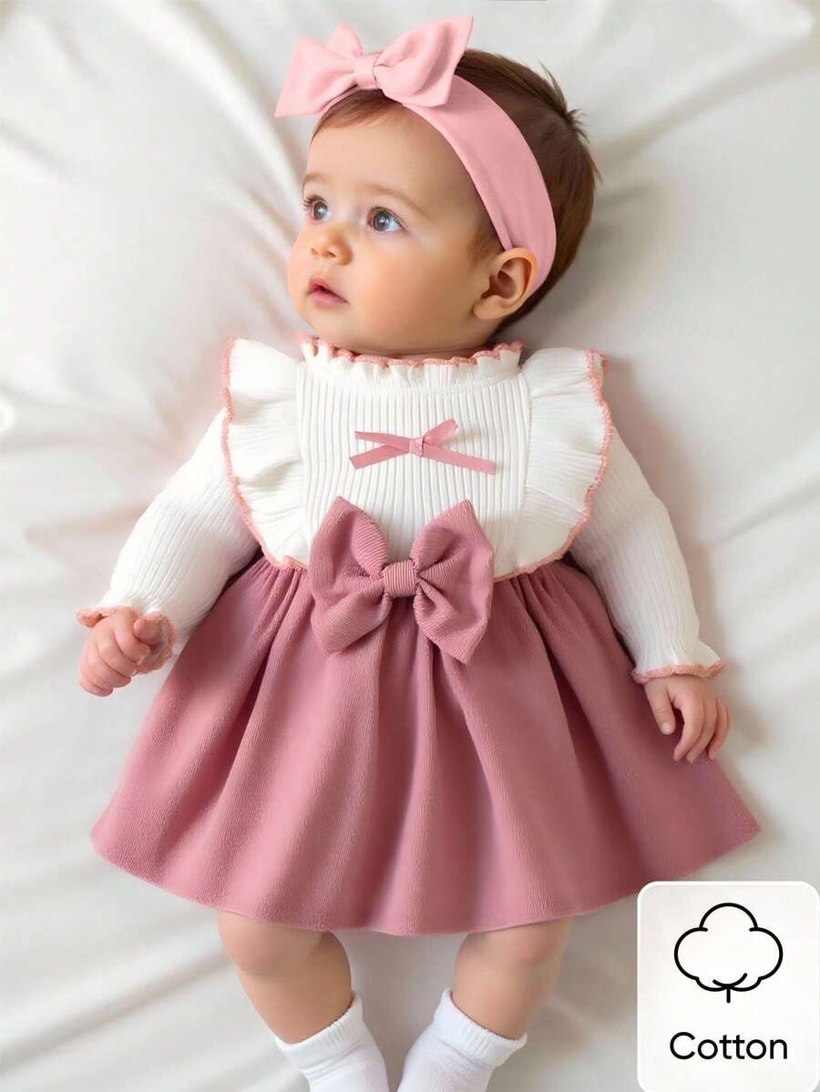 Baby Heart Pattern Dress and Headband Set for Cute All Season Daily Wear