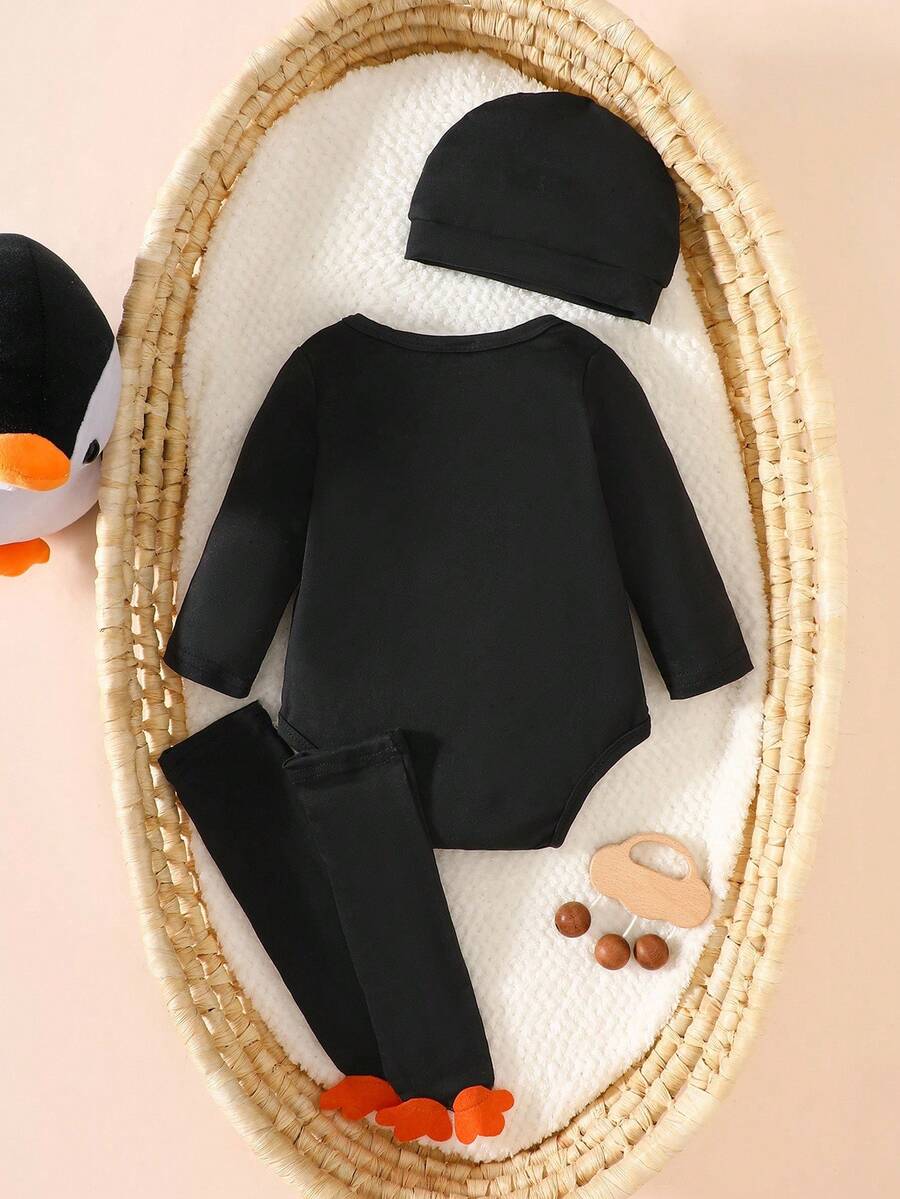 Penguin Print Jumpsuit Hat and Sock Cover Outfit Set for Cute Autumn and Winter Wear