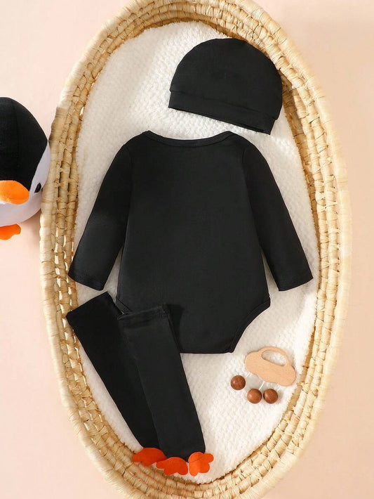 Penguin Print Jumpsuit Hat and Sock Cover Outfit Set for Cute Autumn and Winter Wear