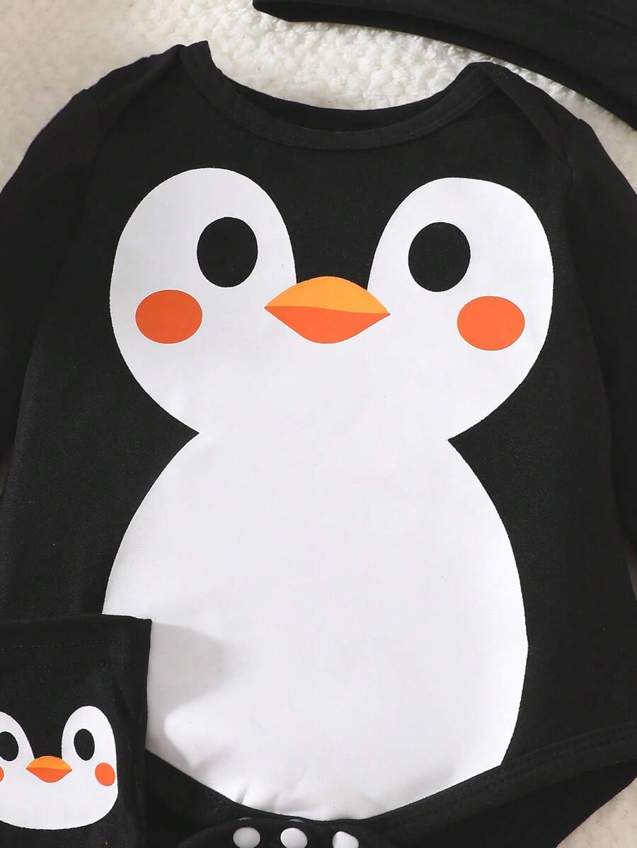 Penguin Print Jumpsuit Hat and Sock Cover Outfit Set for Cute Autumn and Winter Wear