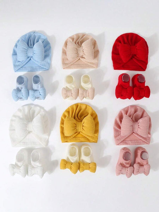 2pcs Set Princess Style Bow Beanie Hat and Socks for Cute Daily Wear