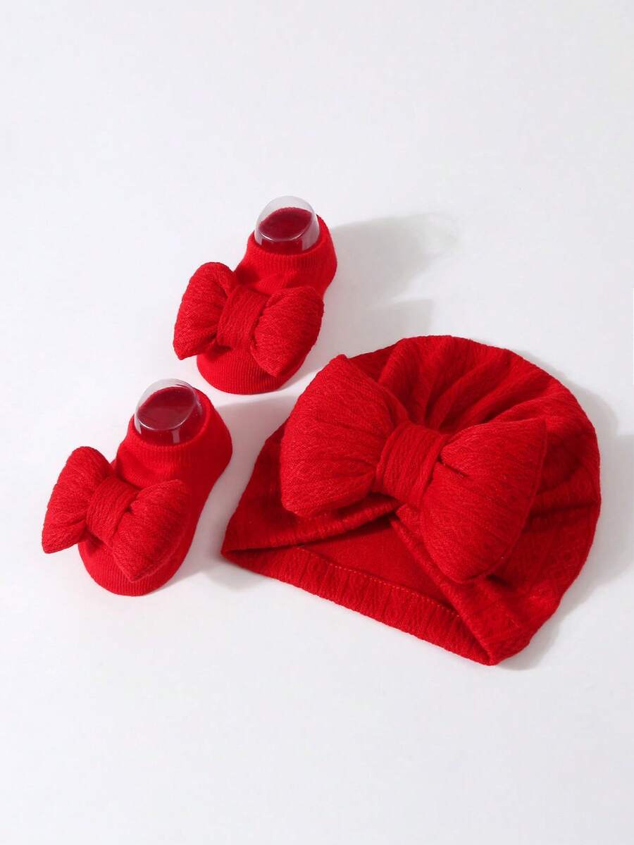 2pcs Set Princess Style Bow Beanie Hat and Socks for Cute Daily Wear