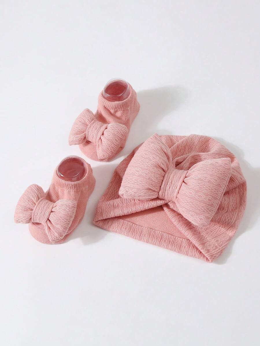 2pcs Set Princess Style Bow Beanie Hat and Socks for Cute Daily Wear