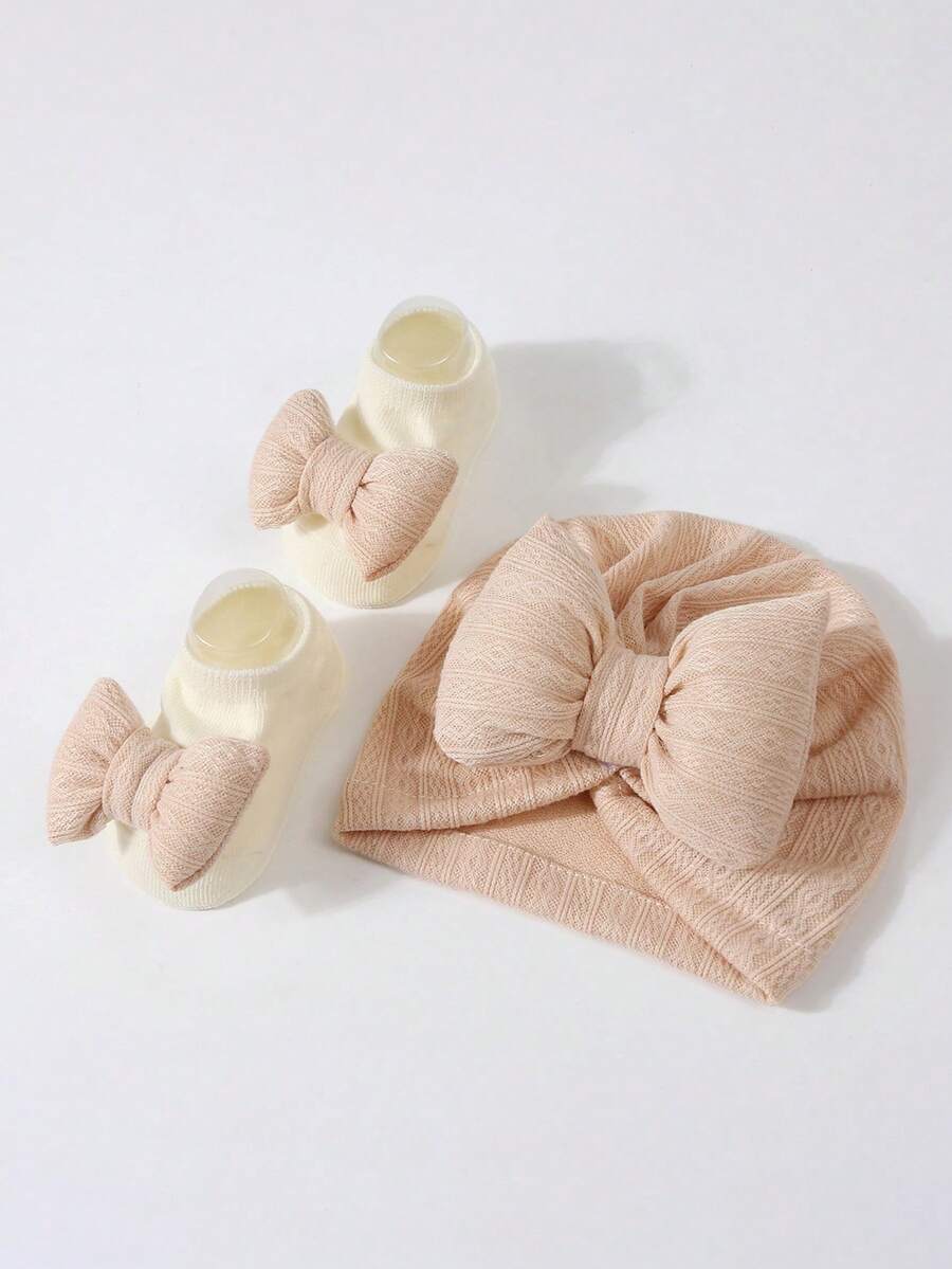 2pcs Set Princess Style Bow Beanie Hat and Socks for Cute Daily Wear