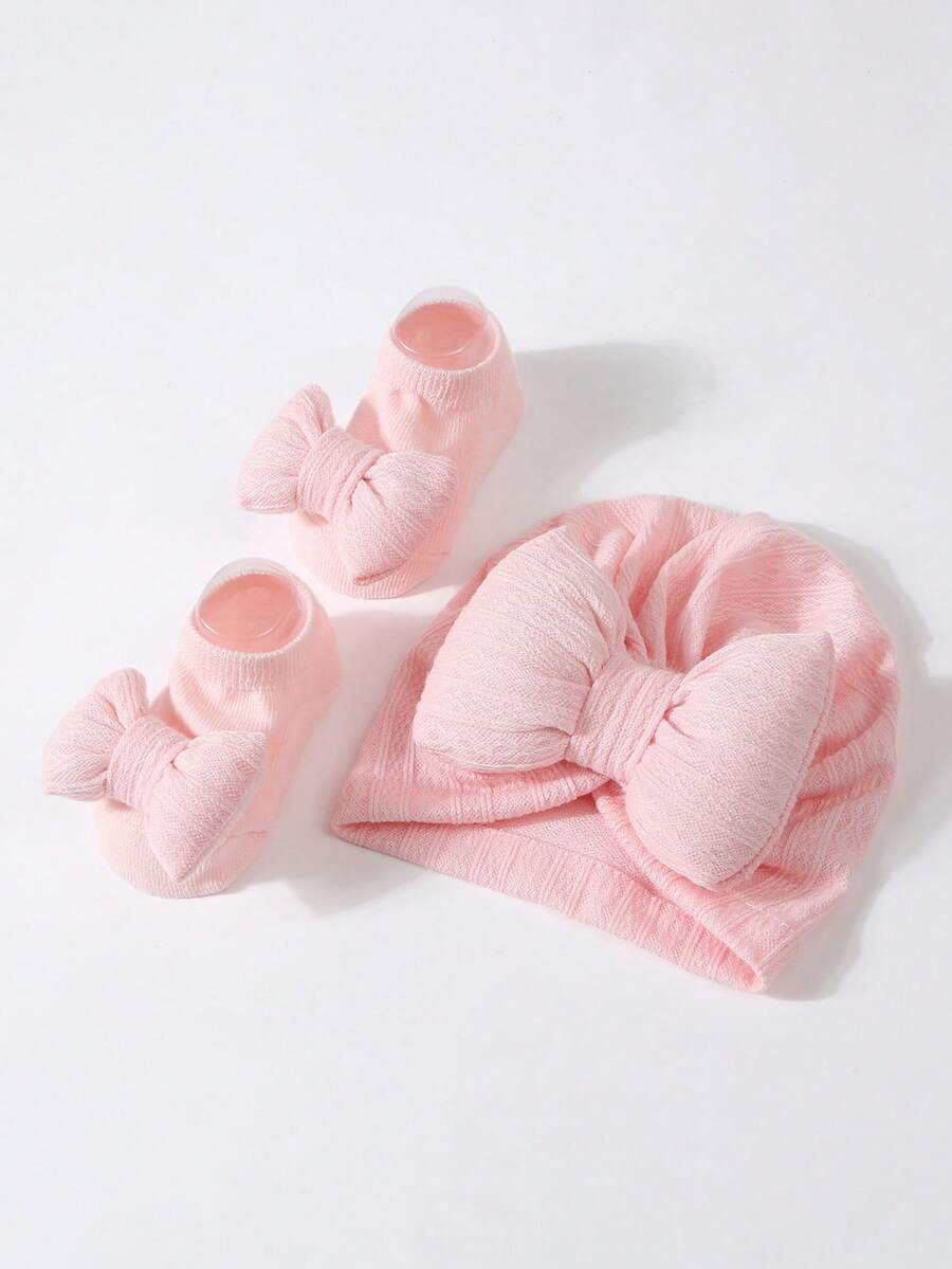 2pcs Set Princess Style Bow Beanie Hat and Socks for Cute Daily Wear