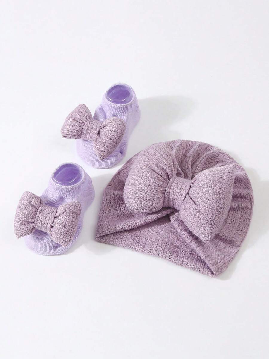 2pcs Set Princess Style Bow Beanie Hat and Socks for Cute Daily Wear