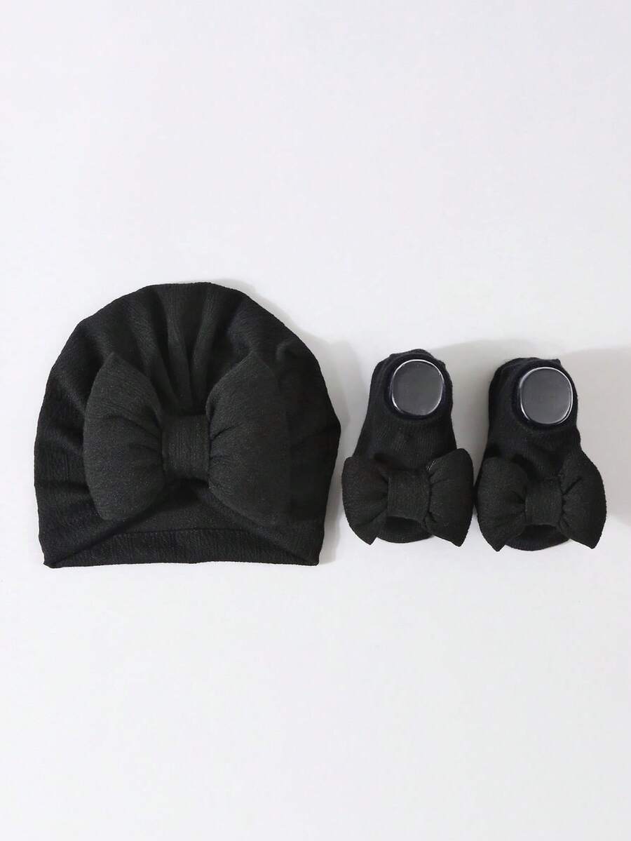 2pcs Set Princess Style Bow Beanie Hat and Socks for Cute Daily Wear