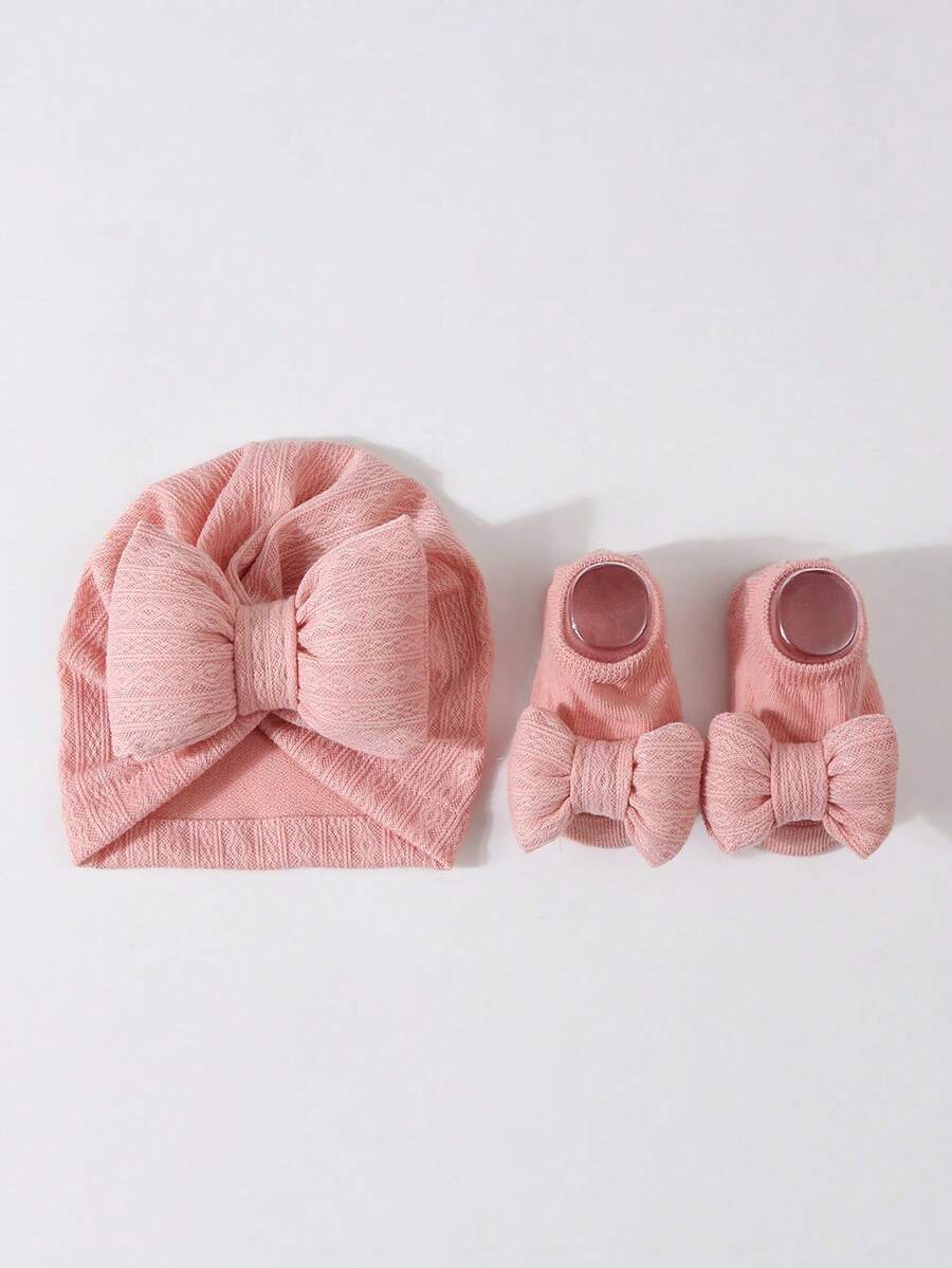 2pcs Set Princess Style Bow Beanie Hat and Socks for Cute Daily Wear