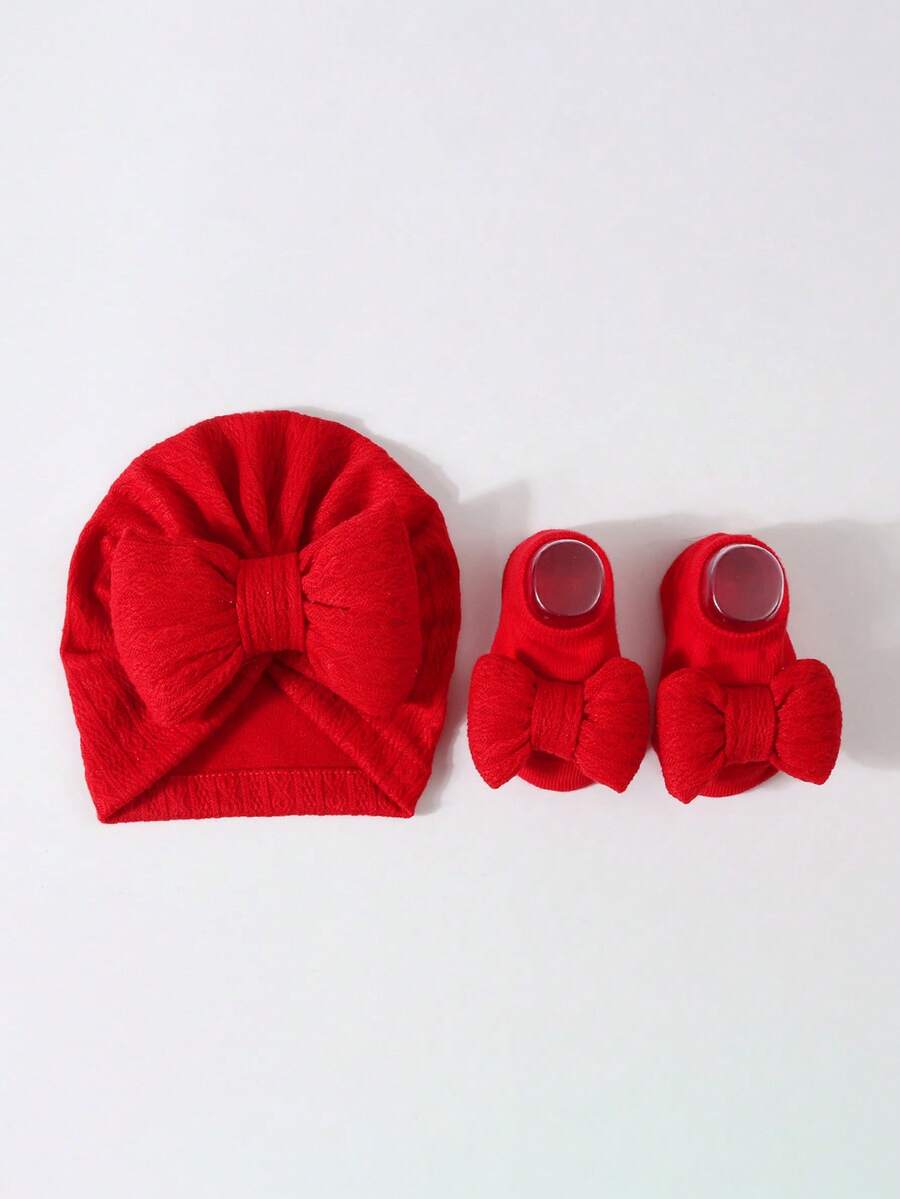 2pcs Set Princess Style Bow Beanie Hat and Socks for Cute Daily Wear