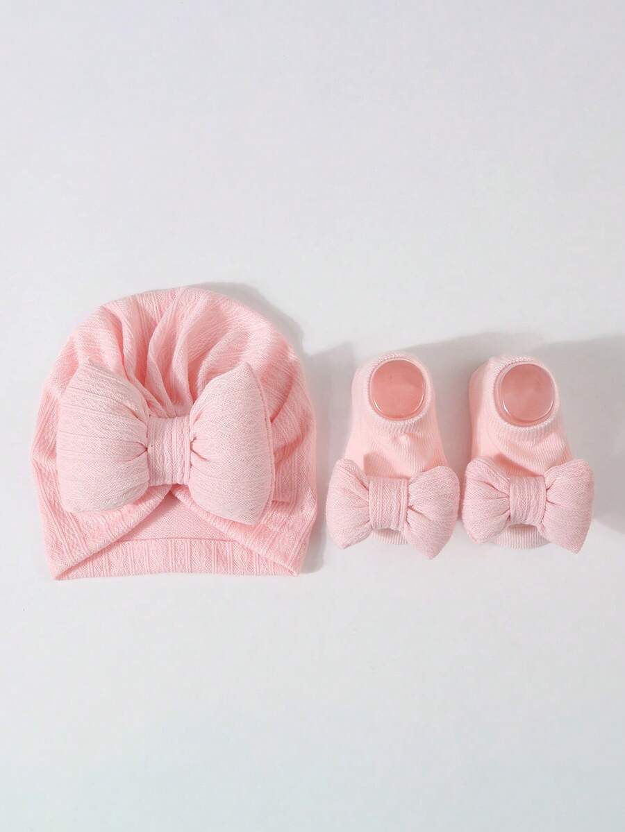 2pcs Set Princess Style Bow Beanie Hat and Socks for Cute Daily Wear