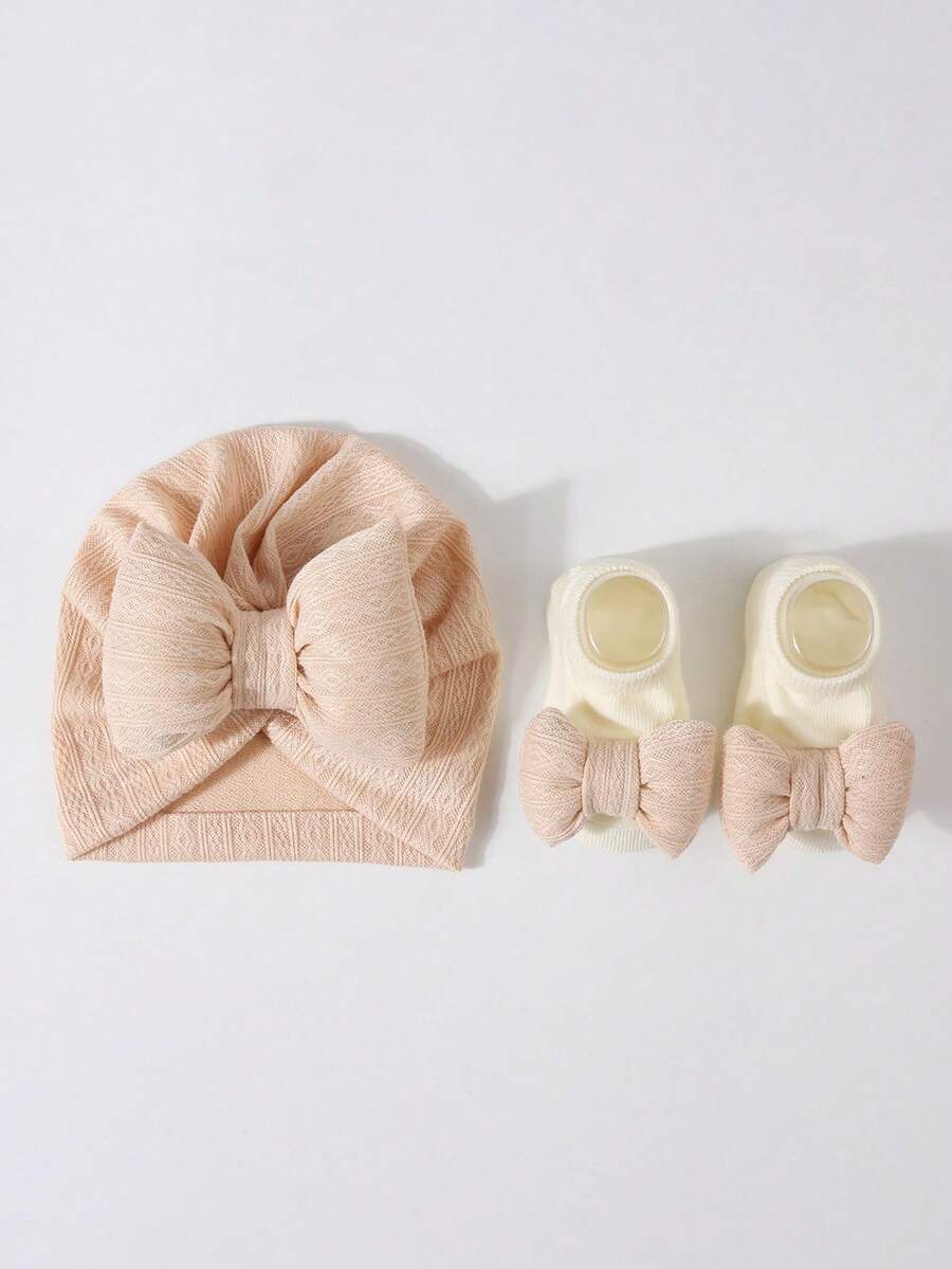 2pcs Set Princess Style Bow Beanie Hat and Socks for Cute Daily Wear