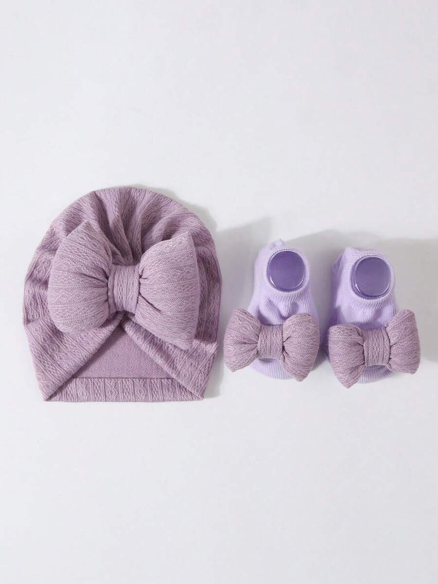 2pcs Set Princess Style Bow Beanie Hat and Socks for Cute Daily Wear