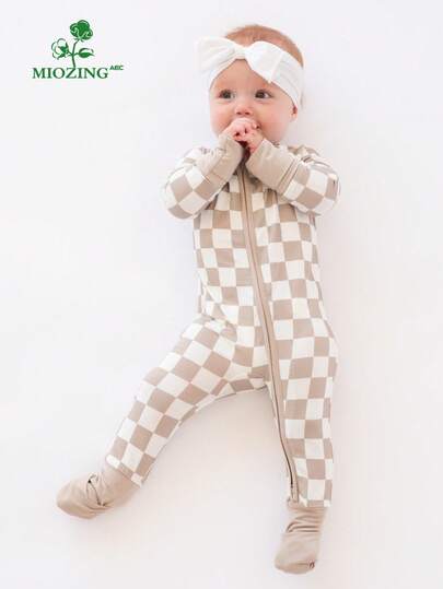 Unisex Baby Bamboo Fiber Checkered Zip Up Romper Long Sleeve Jumpsuit Spring Outfit