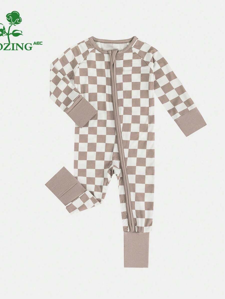 Unisex Baby Bamboo Fiber Checkered Zip Up Romper Long Sleeve Jumpsuit Spring Outfit