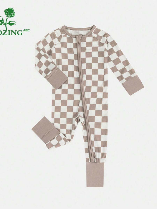 Unisex Baby Bamboo Fiber Checkered Zip Up Romper Long Sleeve Jumpsuit Spring Outfit