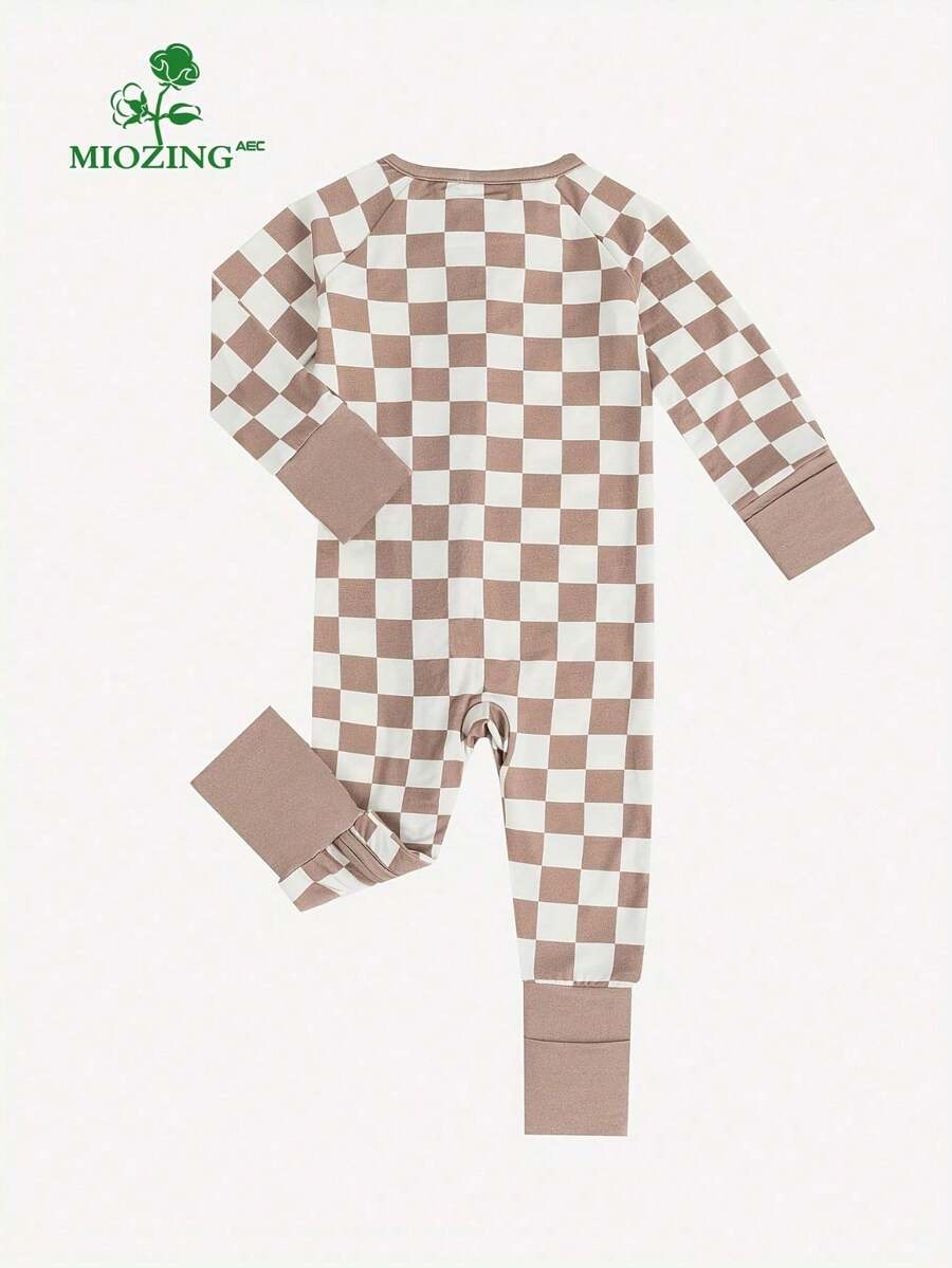 Unisex Baby Bamboo Fiber Checkered Zip Up Romper Long Sleeve Jumpsuit Spring Outfit