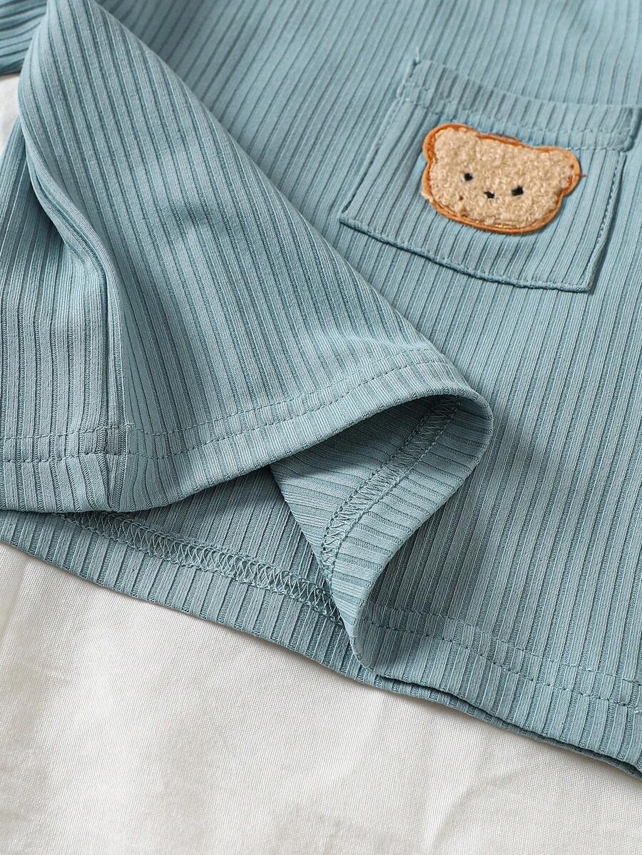 Bear Pattern Textured Pocket Top for Cute Daily Wear