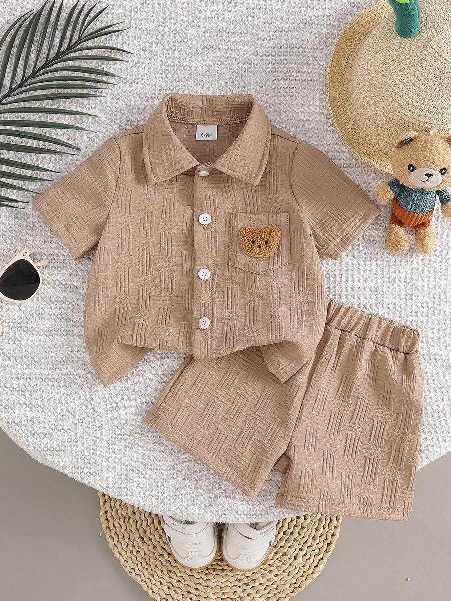 2-Piece Baby Boy Textured Bear Embroidery Shirt and Shorts Set