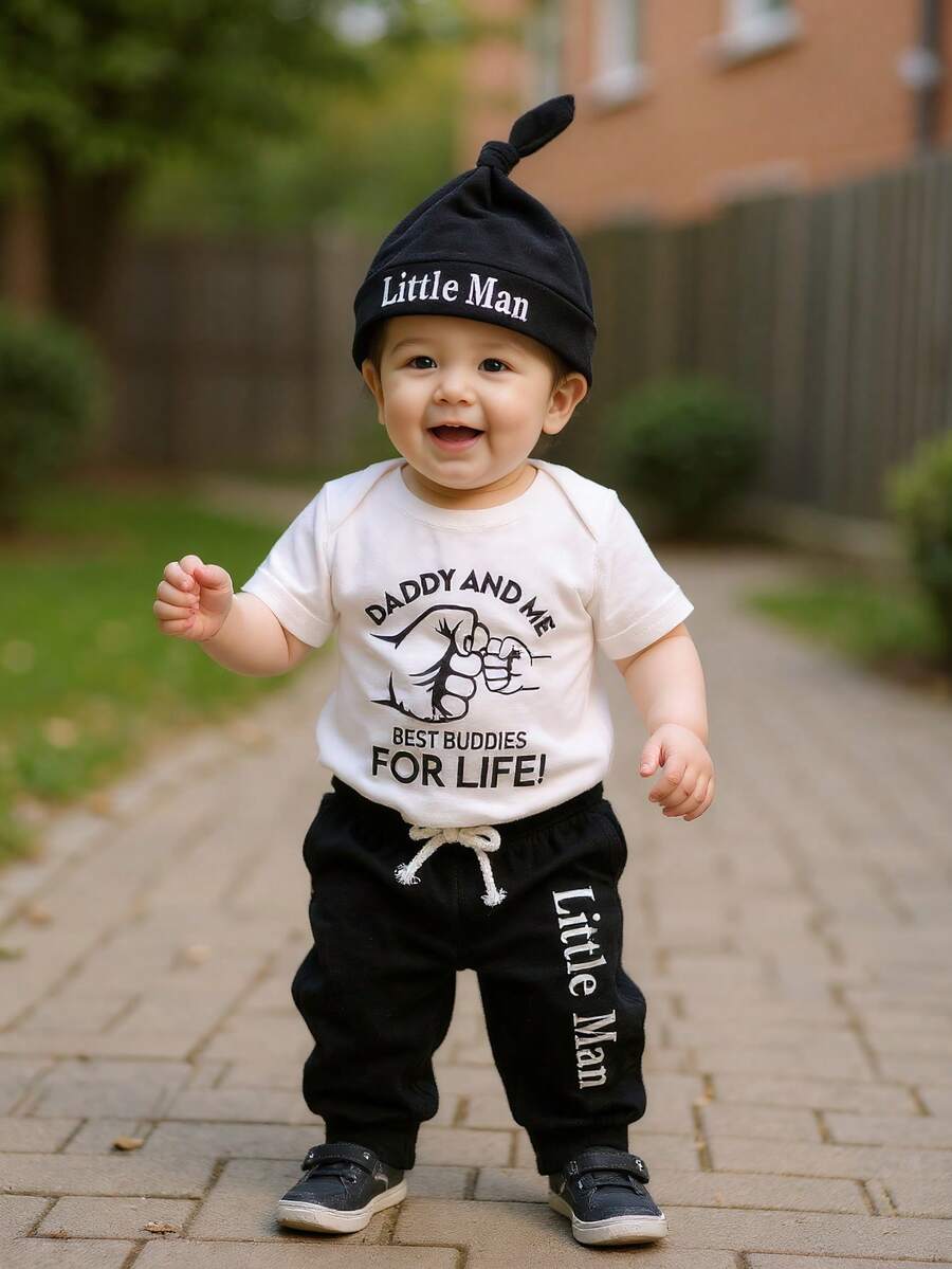 3PCS Baby Boy Bodysuit Pants and Hat Set for Casual Daily and Vacation Wear