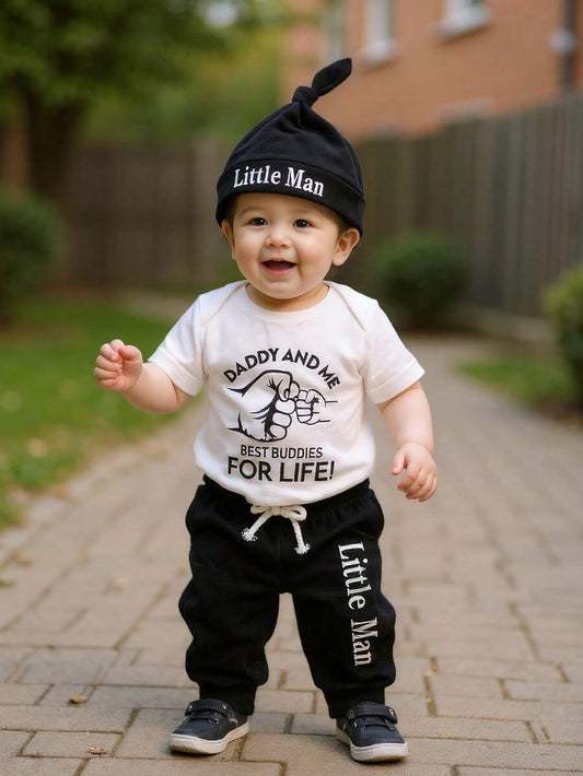 3PCS Baby Boy Bodysuit Pants and Hat Set for Casual Daily and Vacation Wear