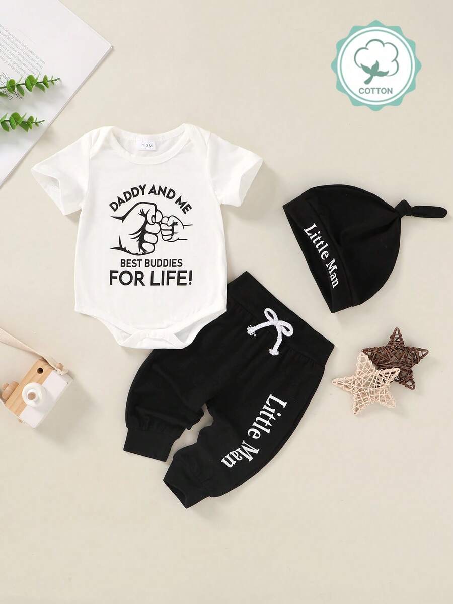 3PCS Baby Boy Bodysuit Pants and Hat Set for Casual Daily and Vacation Wear