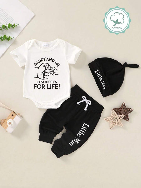 3PCS Baby Boy Bodysuit Pants and Hat Set for Casual Daily and Vacation Wear