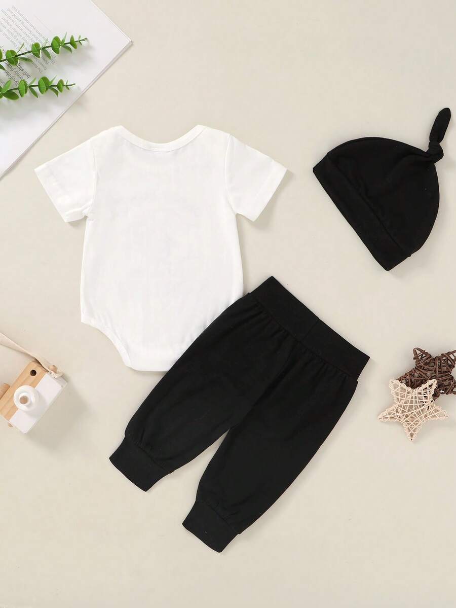 3PCS Baby Boy Bodysuit Pants and Hat Set for Casual Daily and Vacation Wear