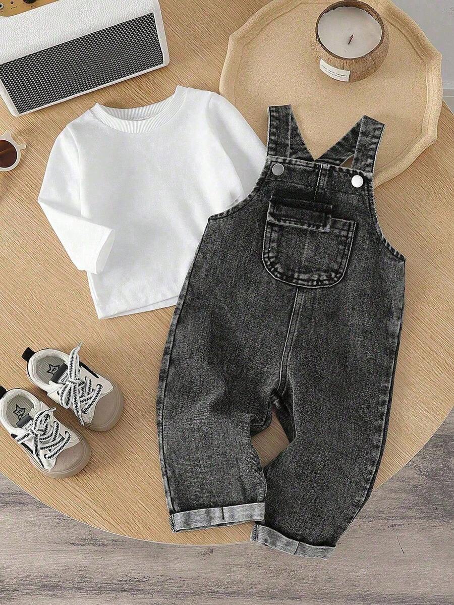 Baby Boy Solid Tee and Roll Up Hem Denim Overall Jumpsuit Casual Spring Summer Outfit Set