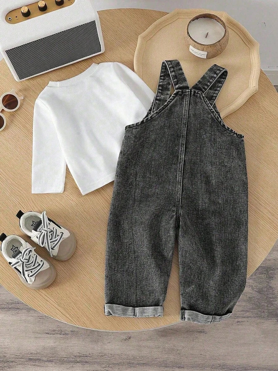Baby Boy Solid Tee and Roll Up Hem Denim Overall Jumpsuit Casual Spring Summer Outfit Set
