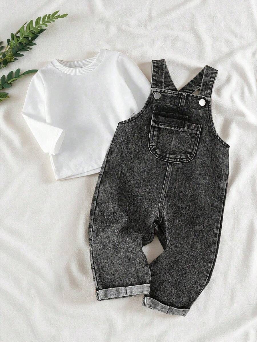 Baby Boy Solid Tee and Roll Up Hem Denim Overall Jumpsuit Casual Spring Summer Outfit Set